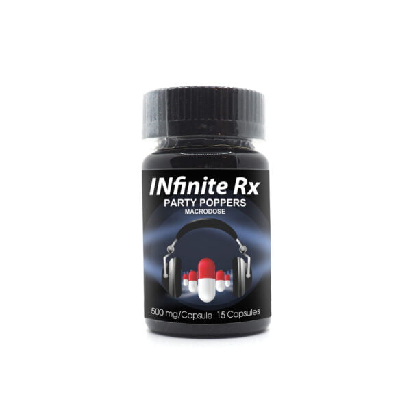 INfinite Rx Party Poppers Macrodosing Mushrooms Capsules APE Front Bottle