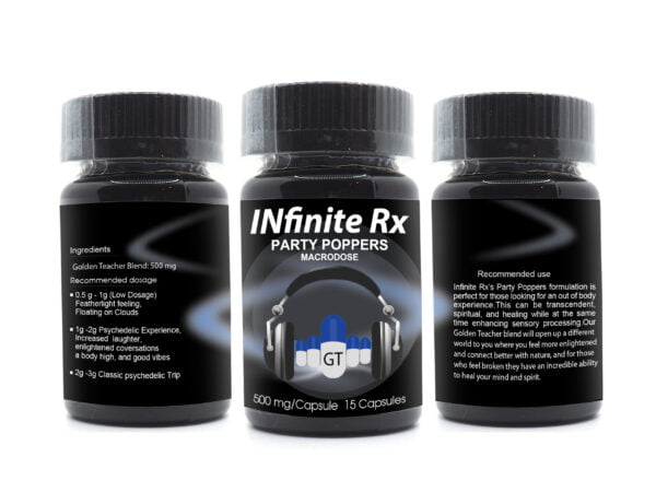 INfinite Rx Party Poppers Macrodosing Mushrooms Capsules GT 3D Bottle