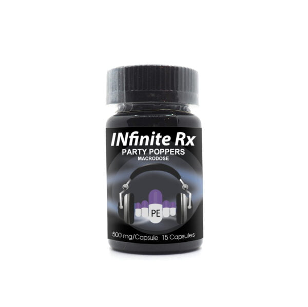 INfinite Rx Party Poppers Macrodosing Mushrooms Capsules PE Front Bottle