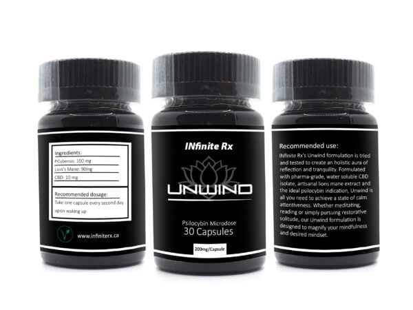INfinite Rx Unwind Microdosing Mushroom CBD Capsules 3D Bottle