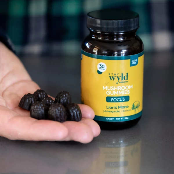 Stay Wyld Organics Lions Mane Mushroom Gummies Edibles Product in hand